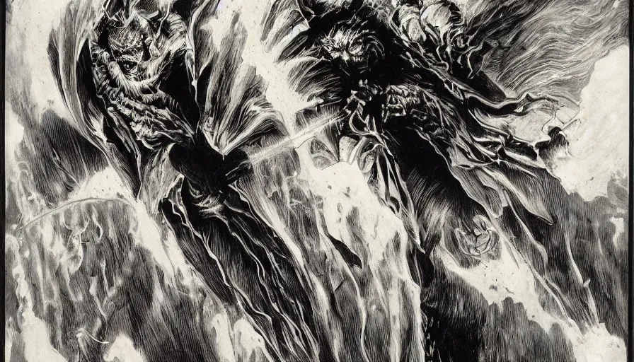 Image similar to bernie wrightson phantom spirit aerial abstract horror shape kinetic aesthetic optical illusion