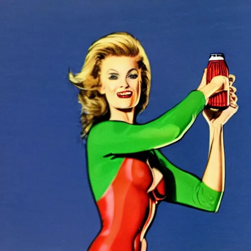 Prompt: a 1980s supermodel holding a coke bottle in her left hand about ready to take a sip, comicbook silver age style