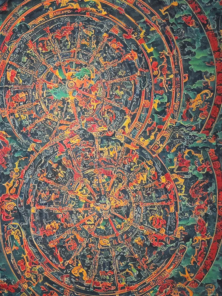 Image similar to Industrial, toxic, ravaged, apocalyptic land. Tibetan wheel of life Thangka.