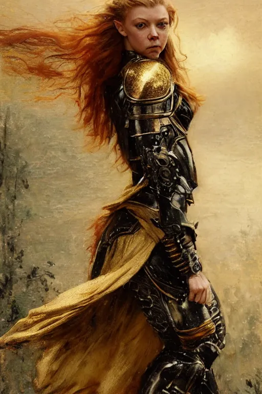 Image similar to redhead natalie dormer wearing black and gold medieval armour, bare legs, detailed, by gaston bussiere, bayard wu, greg rutkowski, giger, maxim verehin, greg rutkowski, masterpiece, sharp focus, cinematic lightning