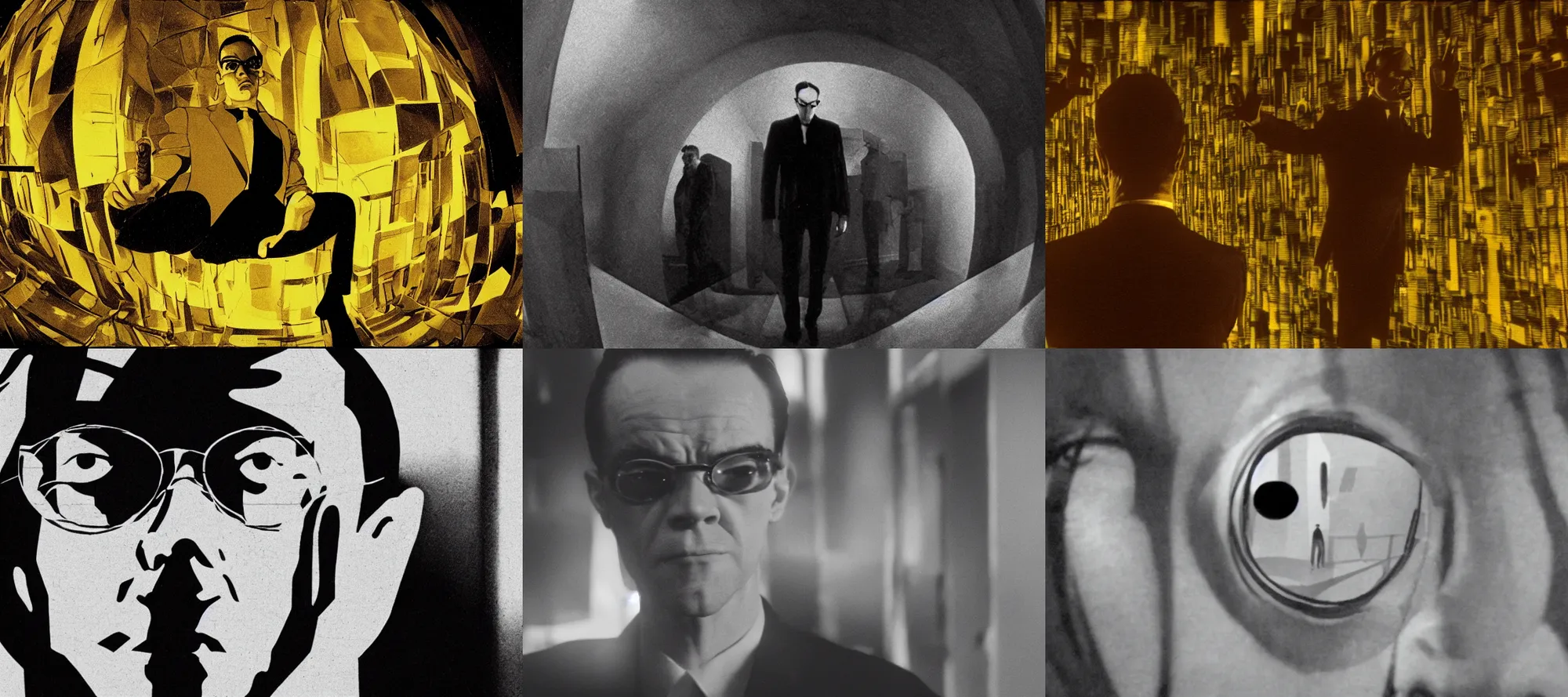 Prompt: movie scene close up, agent smith in The Cabinet of Dr. Caligari, hd, 4k, remaster, dynamic camera angle, deep 3 point perspective, fish eye, dynamic scene