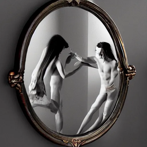 Image similar to devil and angel mirror, dramatic scene, 8 k, high quality, realistic, 3 5 mm photography