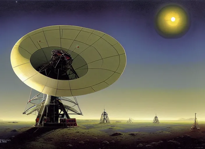 Prompt: radio telescope, matte painting, peter elson