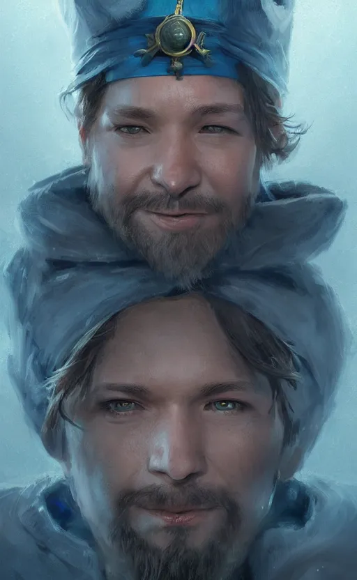 Image similar to alexis ohanian as a wizard, blue wizard hat, concept art, detailed face, fantasy, highly detailed, cinematic lighting, digital art painting by greg rutkowski