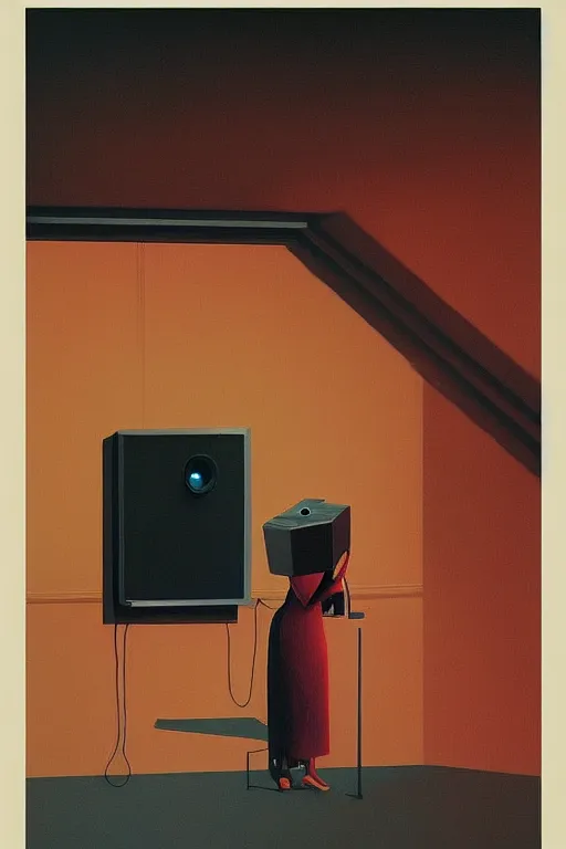 Prompt: woman put the trash on television through her head Edward Hopper and James Gilleard, Zdzislaw Beksisnski, higly detailed