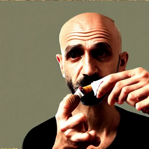 Image similar to very accurate photo, very coherent image, hyper realistic photo of a man holding a cigarette in a hand, by Omar Reda, Tim Booth, award-winning shot