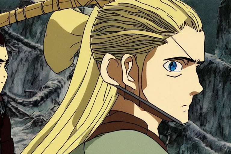 Image similar to legolas in the anime lord of the rings by studio ghibli, movie still frame, very detailed, artwork by hayao miyazaki, kentaro miura, satoshi kon, high quality, sharp image, high resolution, hd, 7 2 0 p, 4 k