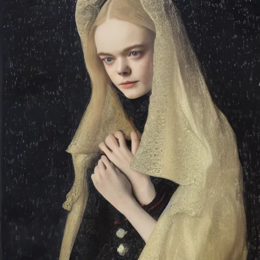 Prompt: Elle Fanning in a black coat, religious masterpiece portrait, oil on canvas, dark stormy night, fire lighting, rainy window, in the world of Andrew Wyeth and Bloodborne, artstation, by J. C. Leyendecker and Peter Paul Rubens,