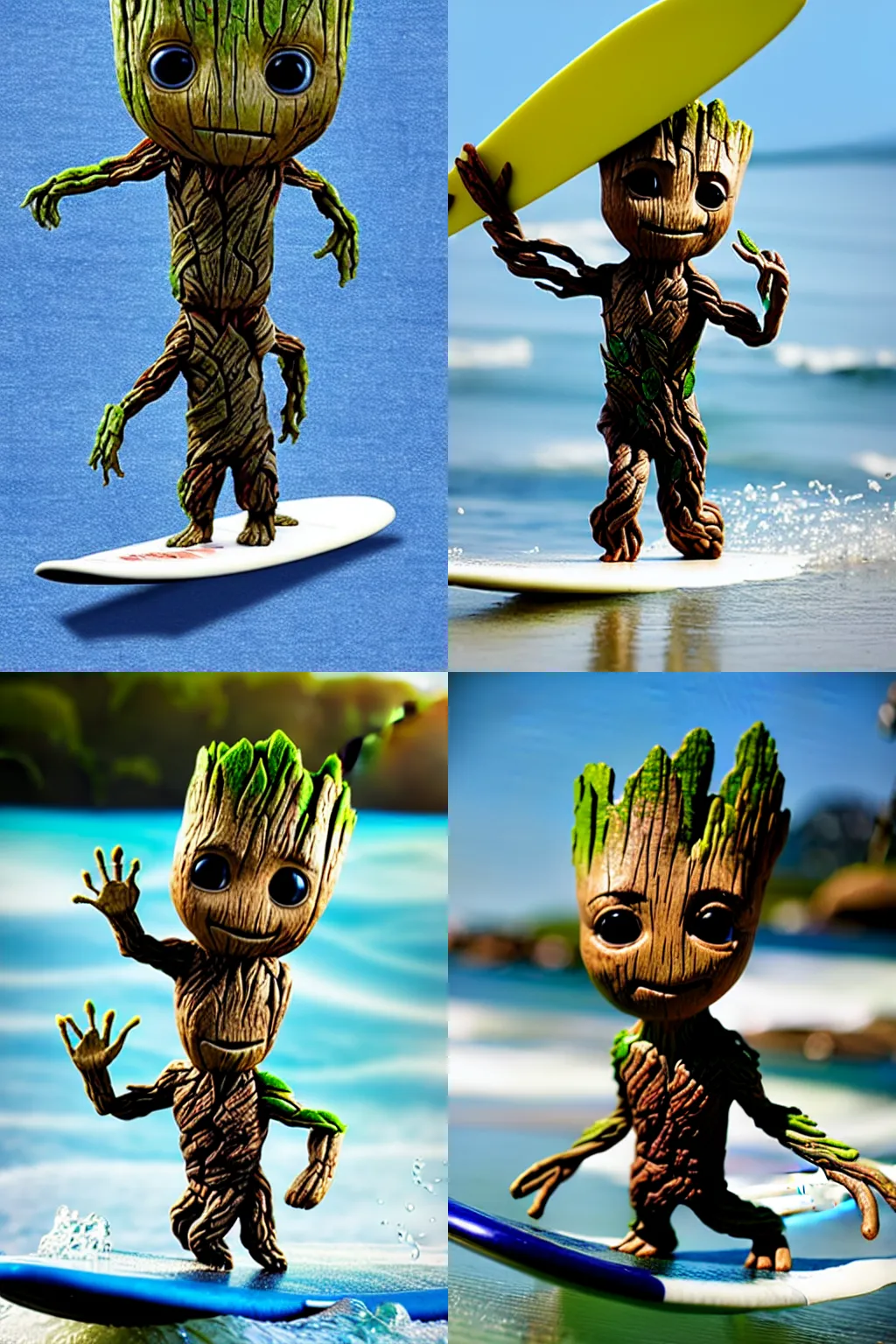 Prompt: little Groot riding on a surfboard