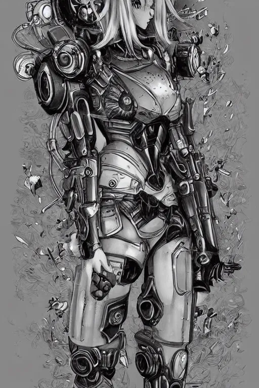 Prompt: full body illustration, mechanized blonde female, kissing witch, highly detailed, sumi - e art, suiboku - ga ink, by kim jisu, pen and ink monochrome, mecha, deviantart, artstation, pinterest