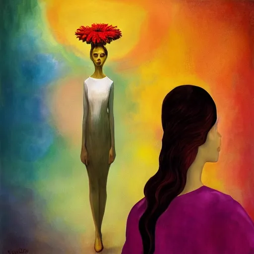 Image similar to huge flower as head, woman standing in a luxury apartment, surreal photography, dramatic light, impressionist painting, digital painting, artstation, georgia o'keeffe