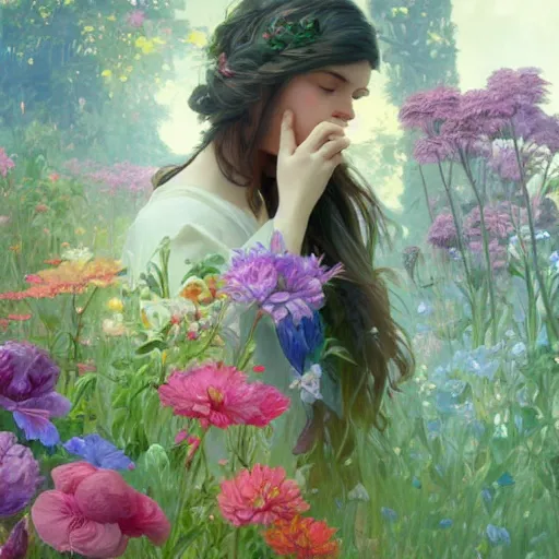 Image similar to girl smelling colorful flowers, spring garden, highly detailed, digital painting, cgsociety , concept art, sharp focus, illustration, art by artgerm and greg rutkowski and alphonse mucha