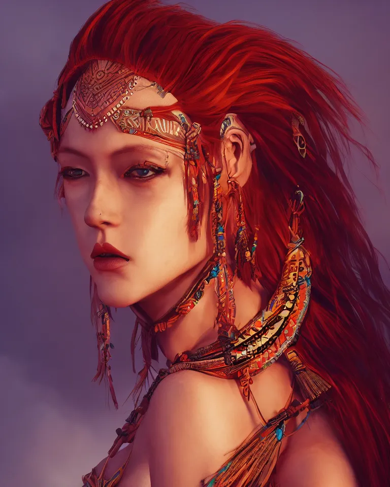 Prompt: redhead woman wearing tribal clothing, dramatic lighting, sakimichan, concept art, 4 k