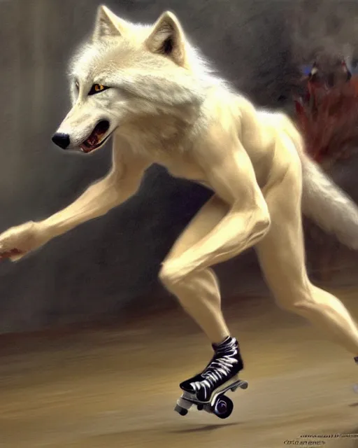 Prompt: white female anthro wolf skating at a roller derby, 4 k, furaffinity, trending on artstation, very expressive detailed face, energetic, speed, motion blur, by gaston bussiere, craig mullins, j. c. leyendecker, gustav klimt, artgerm, greg rutkowski, alphonse mucha