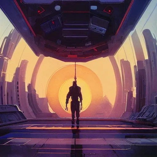 Image similar to derelict portal in a middle of a futuristic cityscape, world seen only through a portal, daylight, cinematic perspective, cinematic lighting, blue sky, syd mead, john harris