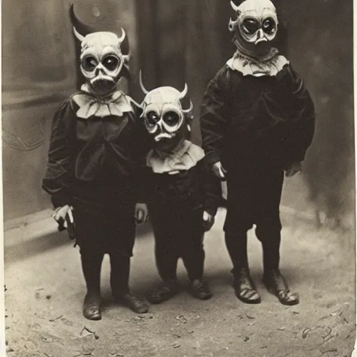 Image similar to portrait of children wearing devil masks, photograph, style of atget, 1 9 1 0, creepy, dark