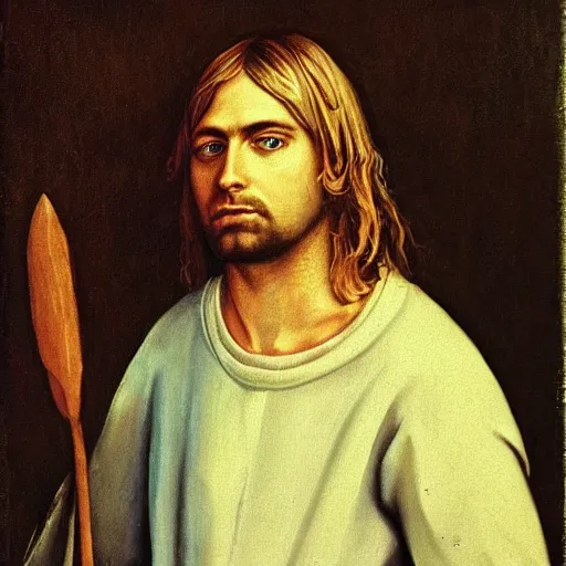 Prompt: Kurt Cobain as a renaissance figure, oil painting from 1413