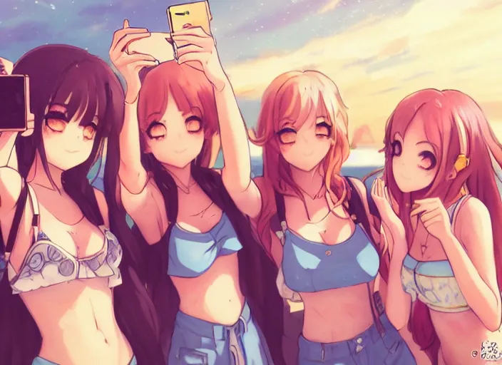 Prompt: polaroid of 4 anime girls taking a selfie on the beach, slice of life, highly detailed, golden hour, perfect art, trending on pivix fanbox, art by rossdraws, wlop, artgerm.