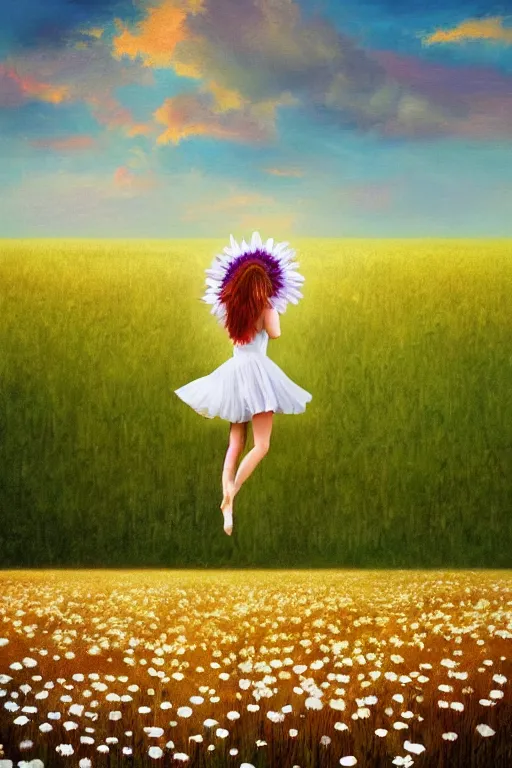 Prompt: giant white daisy flower as head, legs girl dancing in a flower field, surreal photography, sunrise, dramatic light, impressionist painting, colorful clouds, digital painting, artstation, simon stalenhag