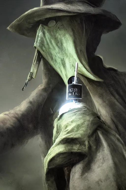 Prompt: A closeup of a green Plague Doctor holding a medical syringe by Greg Rutkowski, Bloodborne, 4k photorealistic, volumetric lighting, HD, high details, dramatic, dark atmosphere, trending on artstation