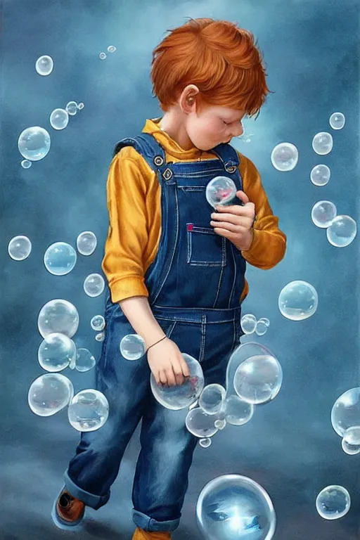 Image similar to a little boy with ginger hair wearing denim overalls chasing bubbles. clean elegant painting, beautiful detailed face, lots of bubbles. by artgerm and greg rutkowski