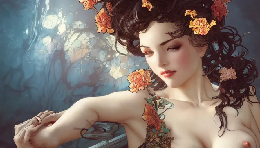 Image similar to masterpiece, pinup, mcfarlane, fibonacci, sweat drops, insane, horror, intricate, highly detailed, digital painting, artstation, concept art, smooth, sharp focus, illustration, Unreal Engine 5, 8K, art by artgerm and greg rutkowski and alphonse mucha, anime