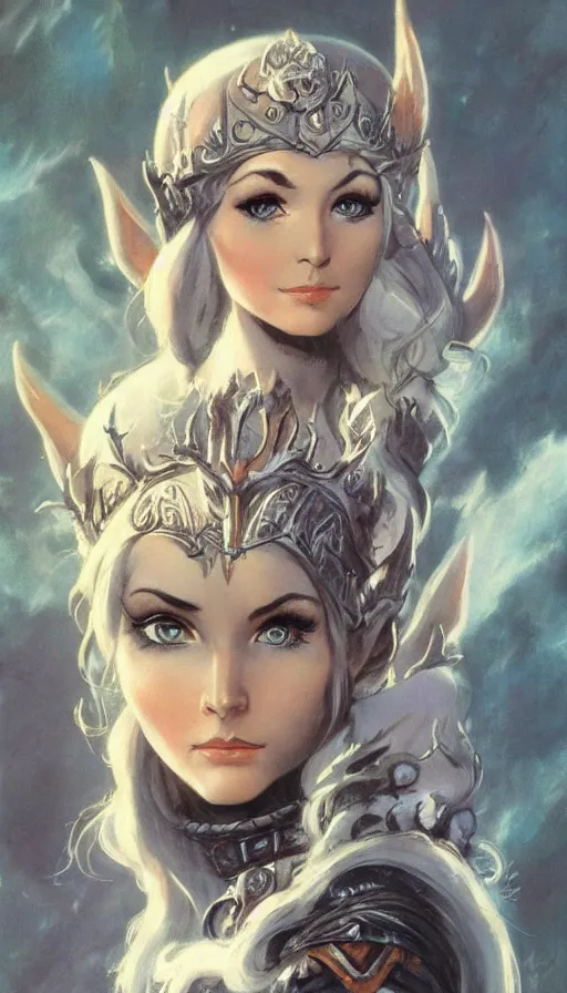 Image similar to elven queen character portrait by frank frazetta, fantasy, dungeons & dragons, sharp focus, beautiful, artstation contest winner, detailed