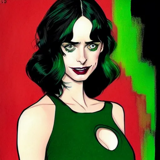 Image similar to beautiful witch Krysten Ritter, style of Joshua Middleton comic book art, Nick Dragotta comic art, black and green eyes, symmetrical face, symmetrical eyes, scary smile, full body, dark green dress