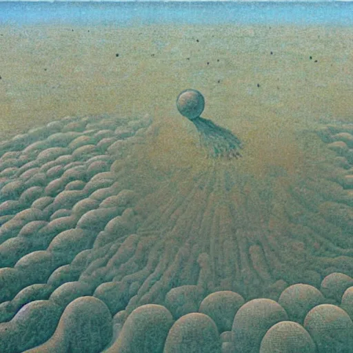 Image similar to aerial shot of fantastic machinery terraforming Venus, in the style of neo rauch, composition by zdzisław beksiński,