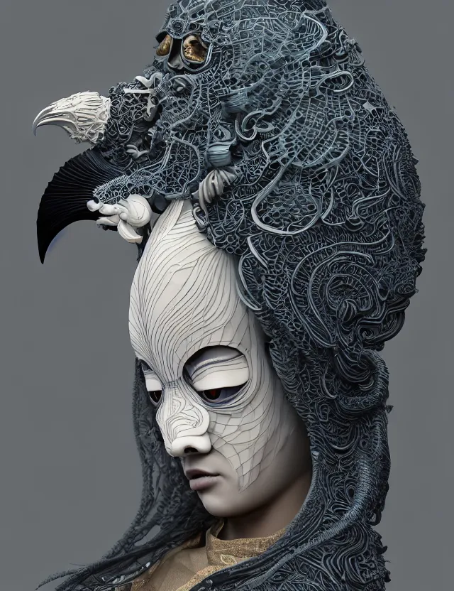 Image similar to 3 d goddess close - up profile portrait of cultist monk in hooded robe with ram skull. beautiful intricately detailed japanese crow kitsune mask and clasical japanese kimono. betta fish, jellyfish phoenix, bio luminescent, plasma, ice, water, wind, creature, artwork by tooth wu and wlop and beeple and greg rutkowski