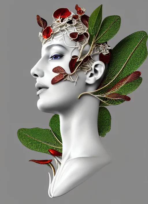 Image similar to complex 3d render ultra detailed of a beautiful porcelain profile woman face, mechanical vegetal cyborg, 150 mm, beautiful studio soft light, rim light, silver gold red details, magnolia big filigran leaves and stems, roots, Alexander Mcqueen haute couture, fine foliage lace, mesh wire, filigran metallic intricate details, hyperrealistic, mandelbrot fractal, anatomical, silver metal armor, facial muscles, cable wires, microchip, elegant, white background, beautiful white teeth, octane render, H.R. Giger style, 8k