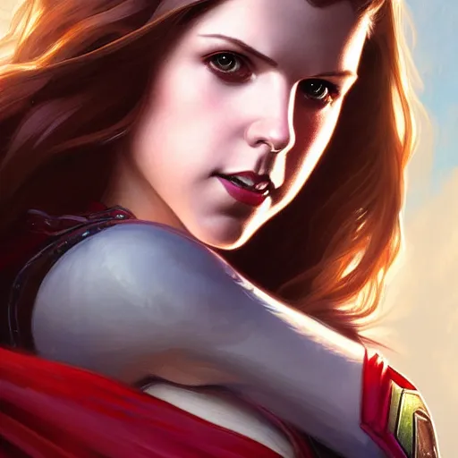 Image similar to Anna Kendrick as Super Girl, western, D&D, fantasy, intricate, elegant, highly detailed, digital painting, artstation, concept art, matte, sharp focus, illustration, art by Artgerm and Greg Rutkowski and Alphonse Mucha