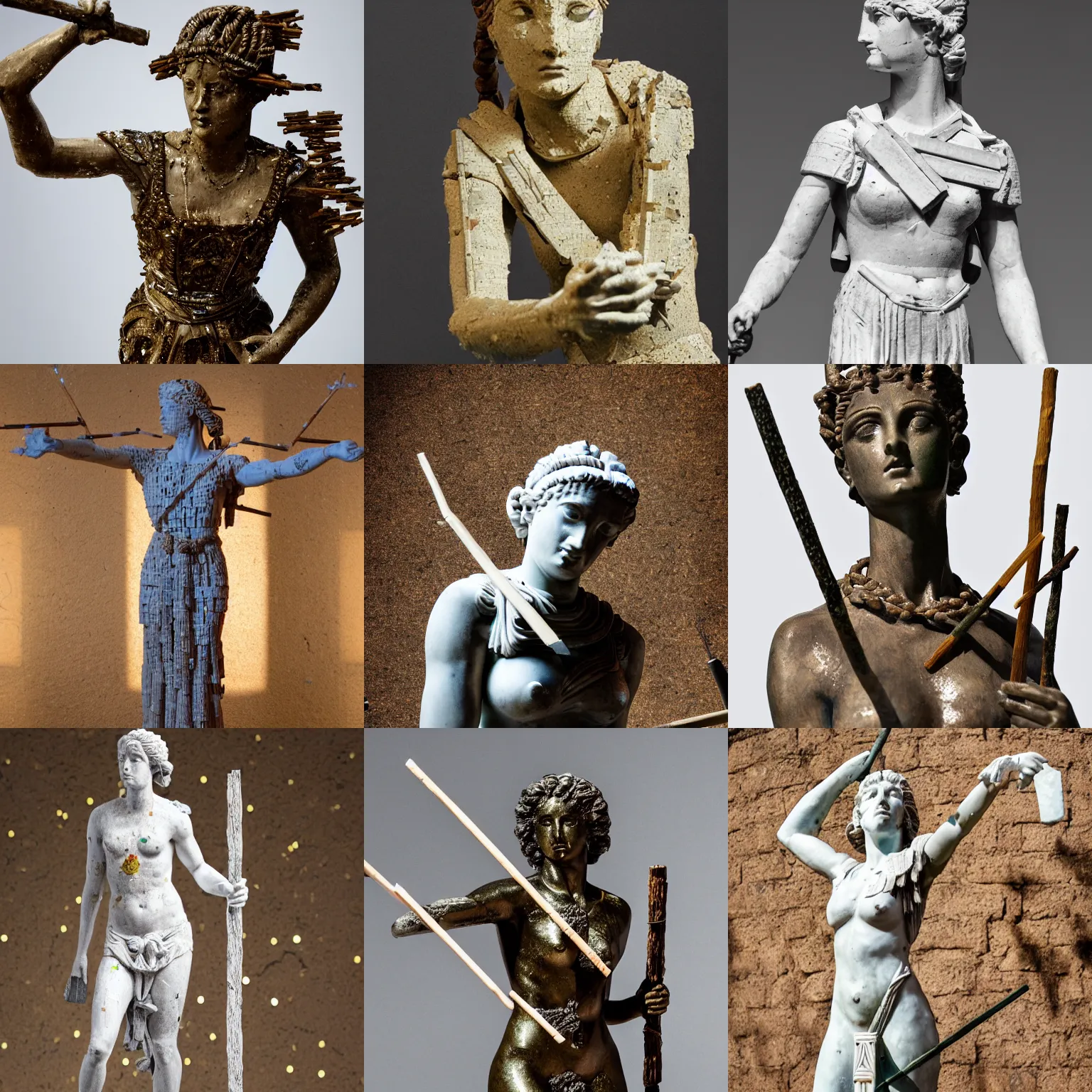 Prompt: statue of artemis made of pieces of shit and sticks, detailed but rough, 4 k photo, excellent light and shadows, sony 1 7 5 mm