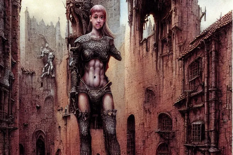 Prompt: cute young alyson hannigan with short hairs in medieval city by luis royo and wayne barlowe, beksinski