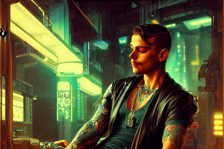 Image similar to cyberpunk style, attractive male with tattoo, robotic arm, neon lights, cool tint, painting by gaston bussiere, craig mullins, j. c. leyendecker, tom of finland