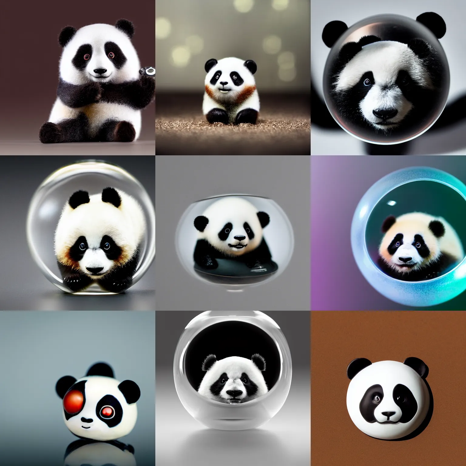 Prompt: A studio photograph of a small panda contained within a glass pokeball, XF IQ4, 150MP, 50mm, F1.4, ISO 200, 1/160s, natural light, Adobe Lightroom, photolab, Affinity Photo, PhotoDirector 365, 4k, trending on Artstation, award-winning