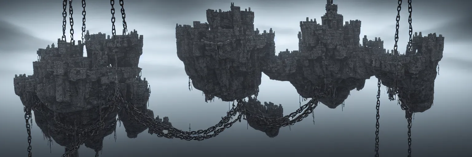 Prompt: hyper realistic cinematic view of floating castle hanging by chains in the air, in between a gorge, below only cloud dark void, structured by chains and cables on base, 8 k resolution