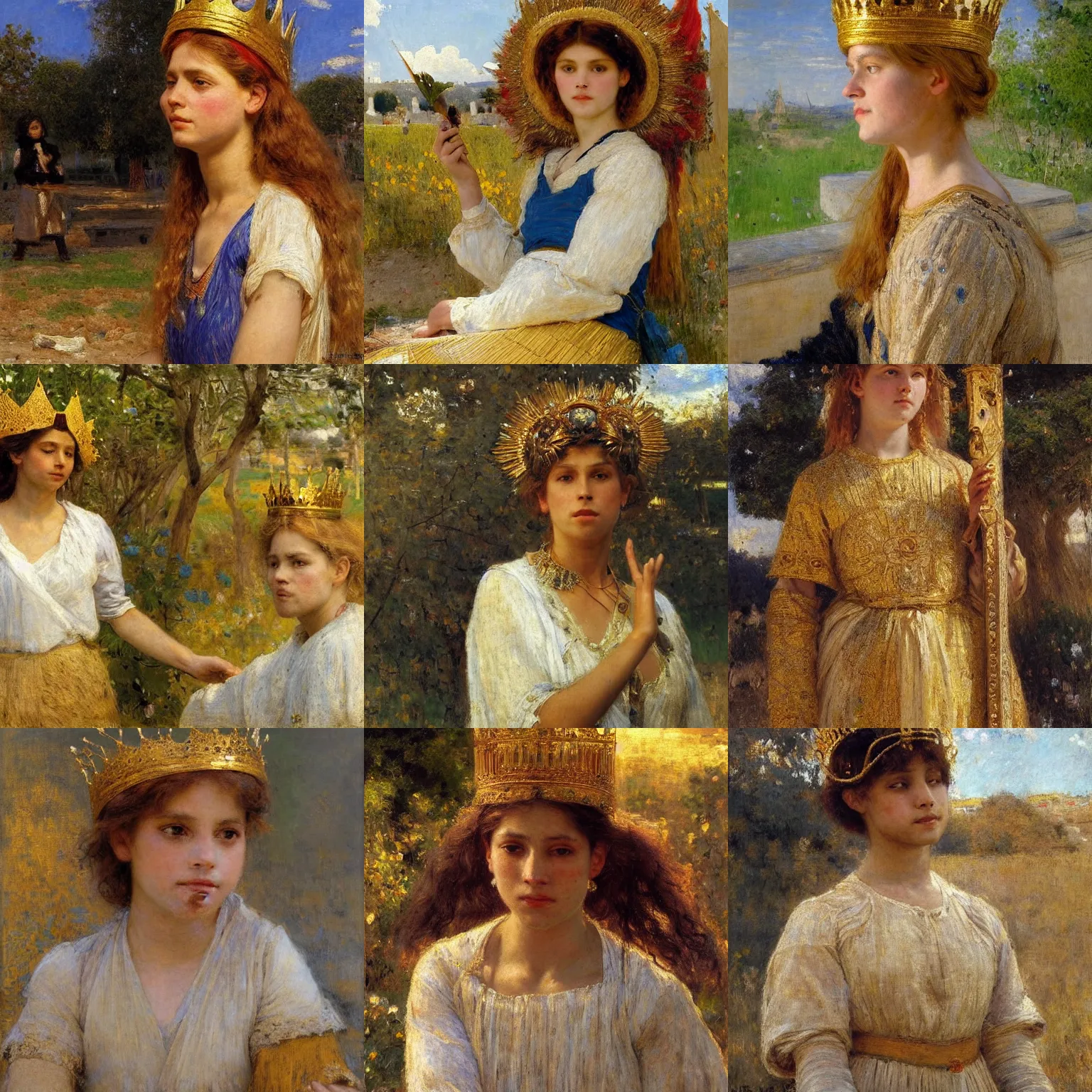 Prompt: a beautiful portrait of a sun goddess with a golden crown, sunlight beams, god rays, by jules bastien - lepage, detailed, 8 k