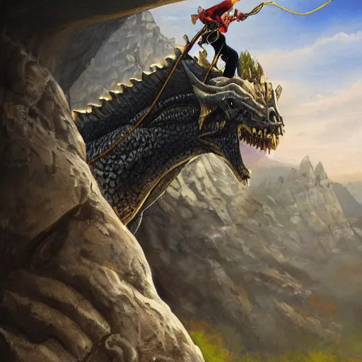 Image similar to rock climber climbing a giant ancient dragons skull, very detailed, fantasy art, dungeons and dragons, belaying, ropes, landscape, cover of national geographic