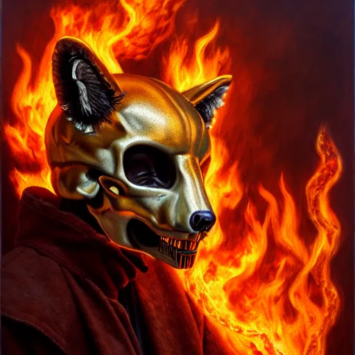 Image similar to ( ( ( ( ( hyperrealist distant portrait of a man wearing a skull fox mask in hell where it rains fire and smoke. ) ) ) ) ) by donato giancola, fantasy, photorealistic, octane render, unreal engine, dynamic lighting, trending on artstation, poster, volumetric lighting, very detailed faces, 4 k, award winning