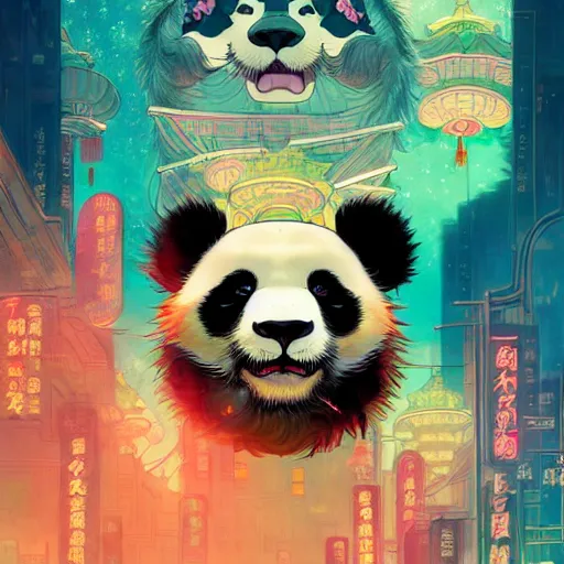 Image similar to a beautiful hyperdetailed character design 4 k wallpaper illustration of a cute panda with a chinese lion dance head victo ngai cyberpunk style, from china, style of studio ghibli, makoto shinkai, raphael lacoste, louis comfort tiffany, artgerm, james jean, ross tran, chinese style