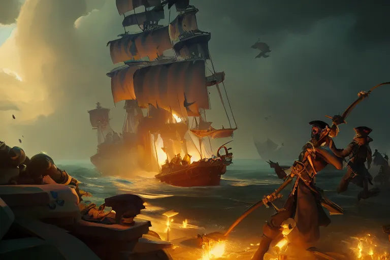 Image similar to pirate fired from a cannon sea of thieves, fantasy, digital painting, volumetric light, intricate, sharp, focus, bloom, illustration, highly detailed, concept art, matte, ruan jia, randy vargas, greg rutkowski