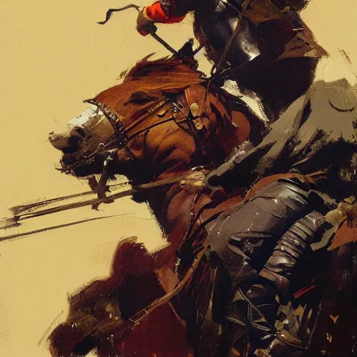 Image similar to portrait of rider wearing gambeson holding bow, detailed by greg manchess, craig mullins, bernie fuchs, walter everett, low angle