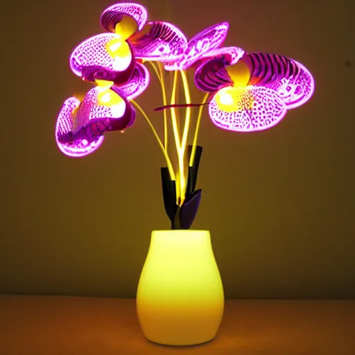 Image similar to mechanical, cybertronic, led orchid flower, glowing