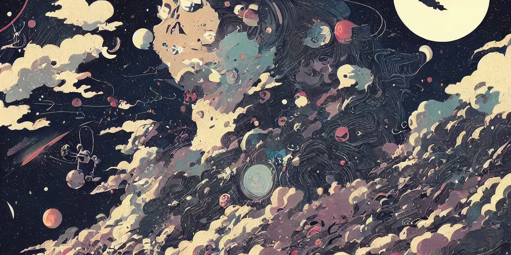 Image similar to colorful mcbess illustration of a robot trying to paint the universe, intricate complexity, by greg rutkowski, artgerm, ross tran, conrad roset, takato yomamoto, ilya kuvshinov, 8 k, beautiful, cinematic dramatic atmosphere