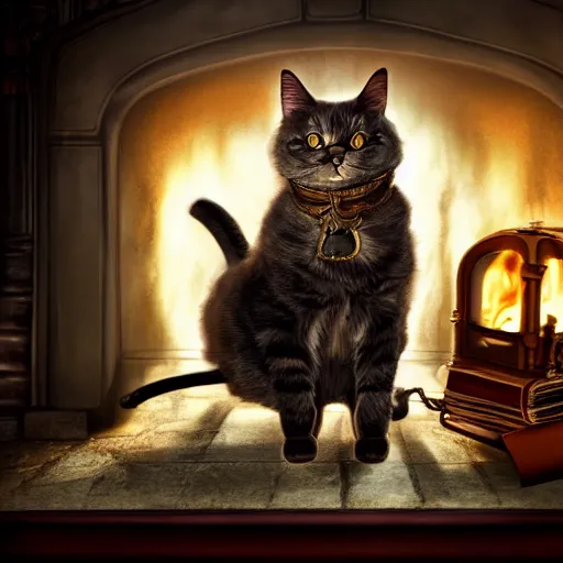 Image similar to steampunk cat sits in a chair in front of a fireplace in a book lined room and smokes a pipe, high realistic, high detailed, octane render