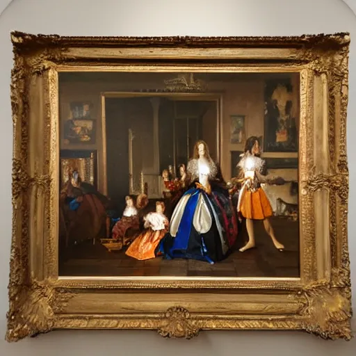 Image similar to oil canva family portrait in the main room of the castle painted in 1 6 5 6, dark room, one point of light coming through the window inspired by las meninas, spaces between subjects, detailed and realistic faces for each person in the canva, inspired by diego velasquez better quiality