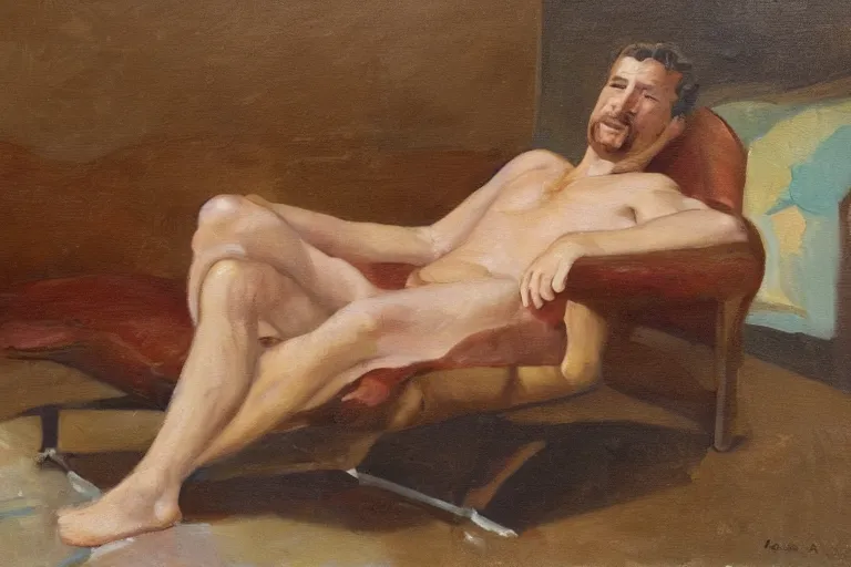 Prompt: a oil painting painting of a caucasian man relaxing on a brown reclined leather chair