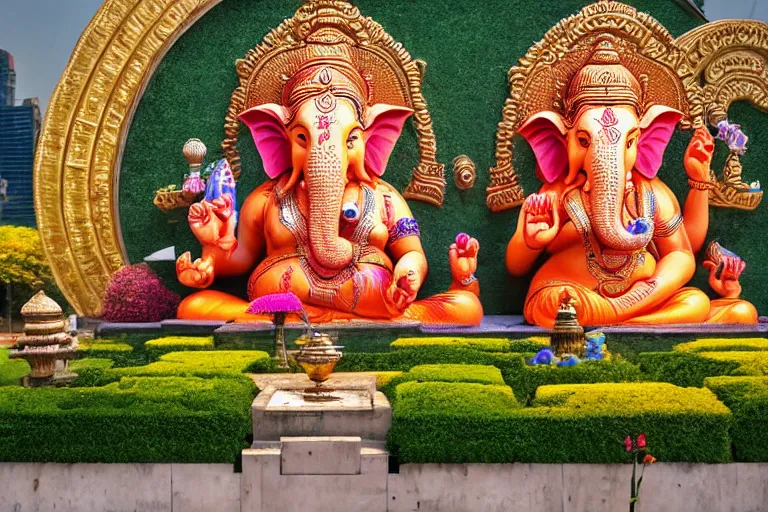 Image similar to beautiful futuristic new delhi, sharp biophilic ganesha!! building, kalighat flowers, highly detailed, stephen shore & john j. park, cinematic morning light, wide shot, ground angle, uhd 8 k, sharp focus