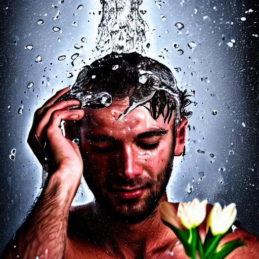 Image similar to man pouring water on head, flowers are in a pot on his head, the pot is part of his head, high detail, 8K digital art